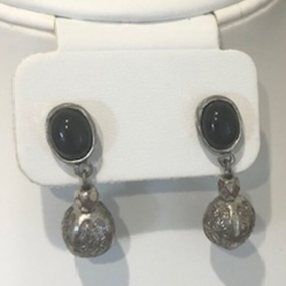 Silver Tone Faux Black Stone Drop Earrings - Picture 1 of 9